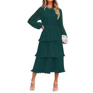 ZESICA Women's 2025 Long Sleeve Crew Neck Ruffle Tiered Layered Chiffon Flowy Swing Long Midi Dress,DarkGreen,Medium