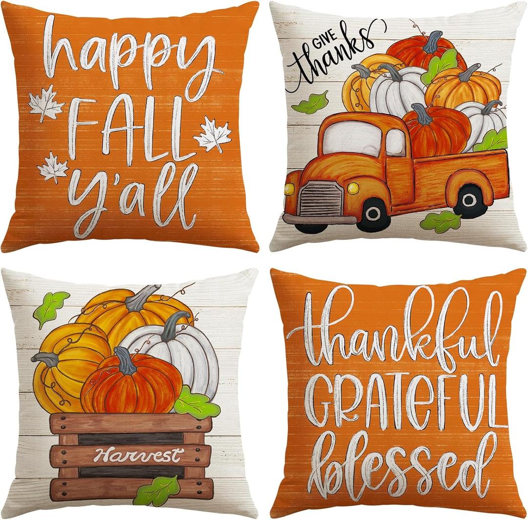 Artscope Fall Decorative Throw Pillow Covers 20x20 Inch Set of 4, Happy Fall Pumpkin Truck Thankful Grateful Blessed Outdoor Farmhouse Pillow Cases for Home Sofa Couch-Orange