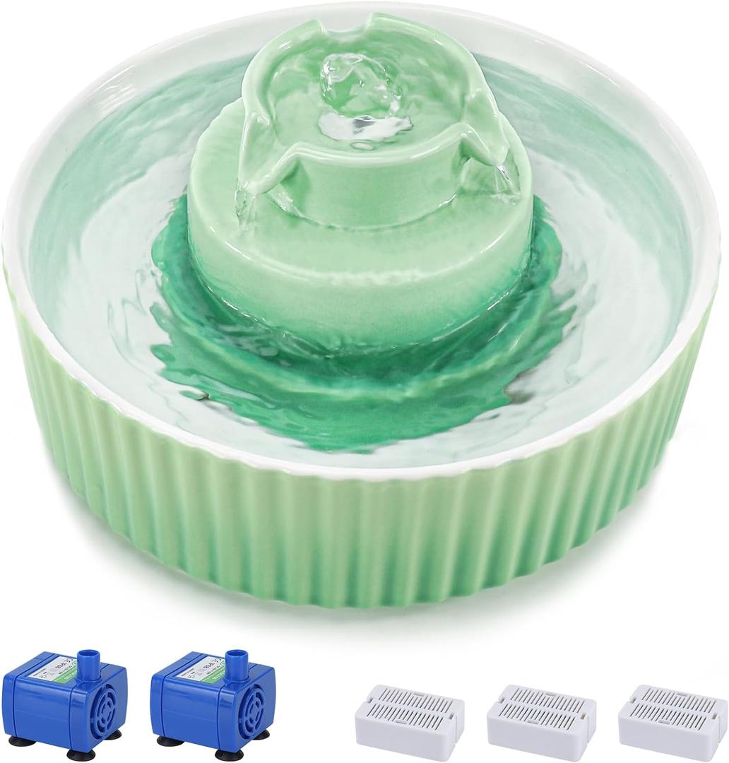 Lawfery Ceramic Cat Water Fountain, 2.1L/71oz Cat Fountain with 3 Carbon Filters and 2 Water Pumps, Cupcake Pet Water Fountain for Cats and Dogs (Green)