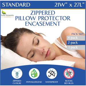 Four Seasons Essentials Standard Pillow Protectors (Set of 2)  Zippered Waterproof Pillow Covers Hypoallergenic Dust Proof Pillowcase Encasement Cover