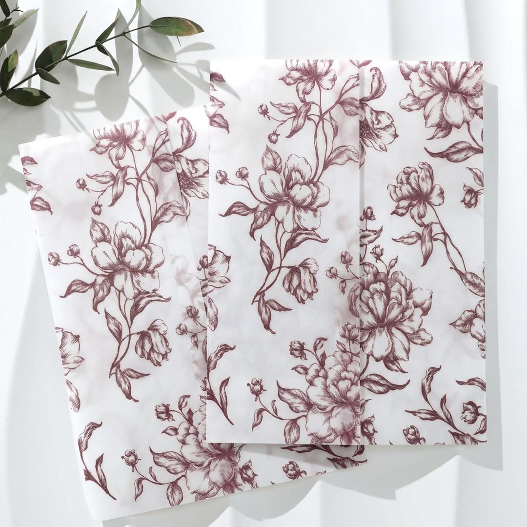 UNIQOOO 50 Pack Pre-Folded Burgundy Floral Vellum Jackets for 5x7 Invitations, Deep Wine Grace Bloom 115GSM Transparent Vellum Jacket for Vintage Themed Wedding & Events