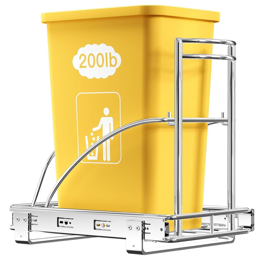 ANASTA Single Pull Out Trash Can Under Cabinet 7-13 Gal, Heavy Duty Under Sink Garbage Can, 50Qt Slide Out Waste Bin for 13" Wx 17" Hx 19" D Base Cabinet, Trash Bin Holder for Drawer/Counter, No Can (Silver)