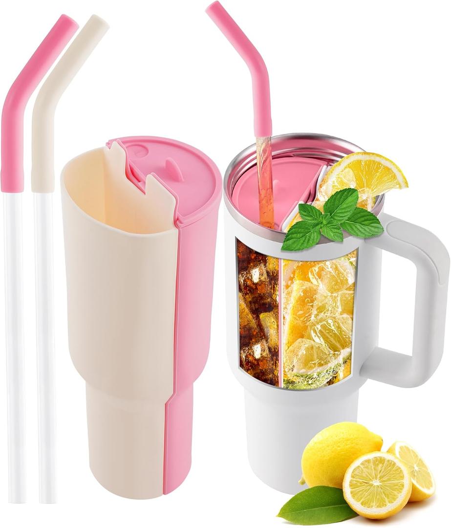 2-in-1 Drink Separator for 40oz Tumbler, Reusable Silicone Cup Bottle Tumbler Divider Inserts for Juice, Coffee, Cocktails, Whiskey, Drink Liner for Big Bottles, Pink/White