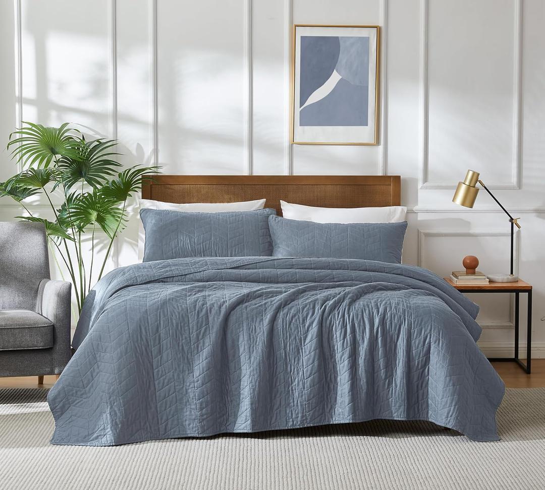 palassio Blue Cotton Quilt King Size Bedding Sets with Pillow Shams, Lightweight Soft Bedspread Coverlet, Quilted Comforter Bed Cover for All Season, 3 Pieces