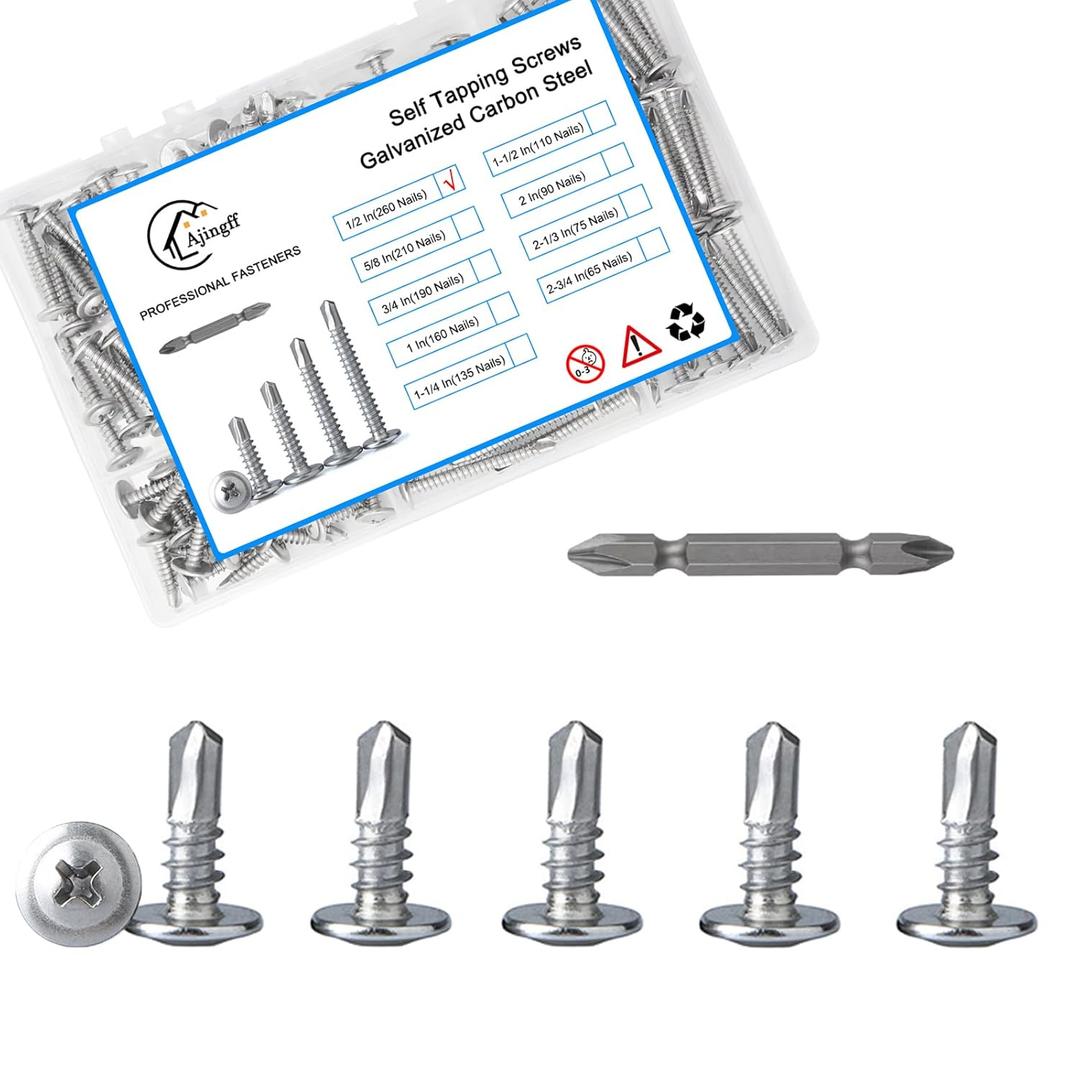 2 x Sheet Metal Self-Tapping Screws with Storage Box 260pcs, Cross #8  1/2inch Truss Head Sheet Metal Screws Without Pre-Drilling for Furniture Making and Woodworking, High Strength Quick Tapping Screws