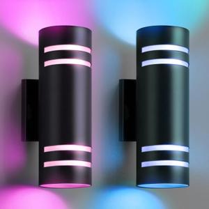 SHIMR Modern Outdoor Wall Lights Color Changing 2 Pack, RGBCW Smart Outdoor Lights Ambiance Sconce with Remote Control, Black Aluminum Exterior Lighting Fixtures Up and Down Lights [ETL Listed]