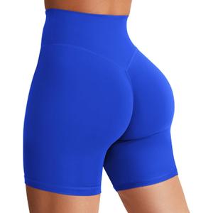 YEOREO Women's Biker Shorts Workout Gym Shorts Craze High Waist Tummy Control Hidden Scrunch Running Yoga 6" Inseam, Large, Blue