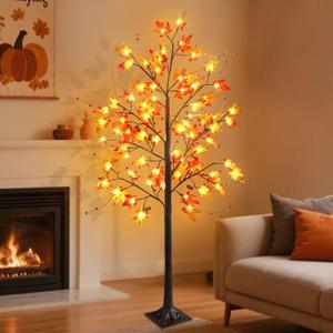 FORUP LED Lighted Maple Tree, 5 FT Lighted Artificial Tree for Thanksgiving Harvest Fall Festival Halloween Home Party Decoration