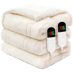 Premium Heated Blanket Queen 84"90",Ultra Cosy Soft Electric Blanket with 8 Heating Levels,Dual Control Plush Fast Heating Faux Rabbit Fur for Bed & Couch - Auto Shut Off,Machine Washable(Beige)