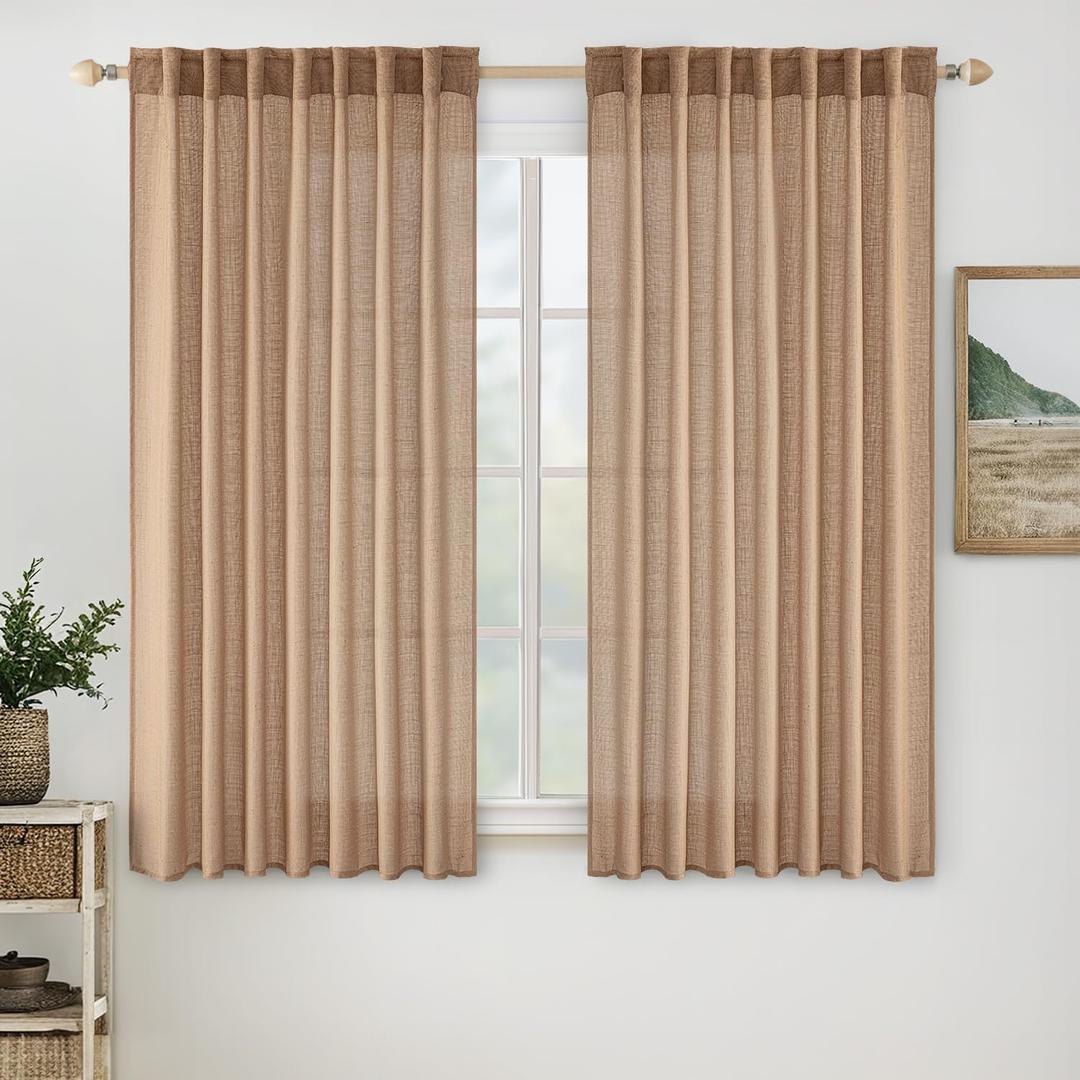 MIULEE Light Brown Short Linen Curtains 45 Inch Length 2 Panels for Kitchen Bedroom Bathroom, Soft Thick Linen Textured Basement Window Drapes Semi Sheer Light Filtering Back Tab Burlap Look Decor
