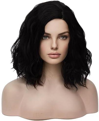 BERON Black Wigs for Women 14 Inch Short Curly Wavy Wig Girls Natural Black Shoulder Length Wig Side Part Wave Halloween Cosplay Party or Daily Wigs