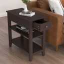 ChooChoo Side Table Living Room, Narrow End Table with Drawer and Shelf, 3-Tier Sofa End Table for Small Space, Espresso