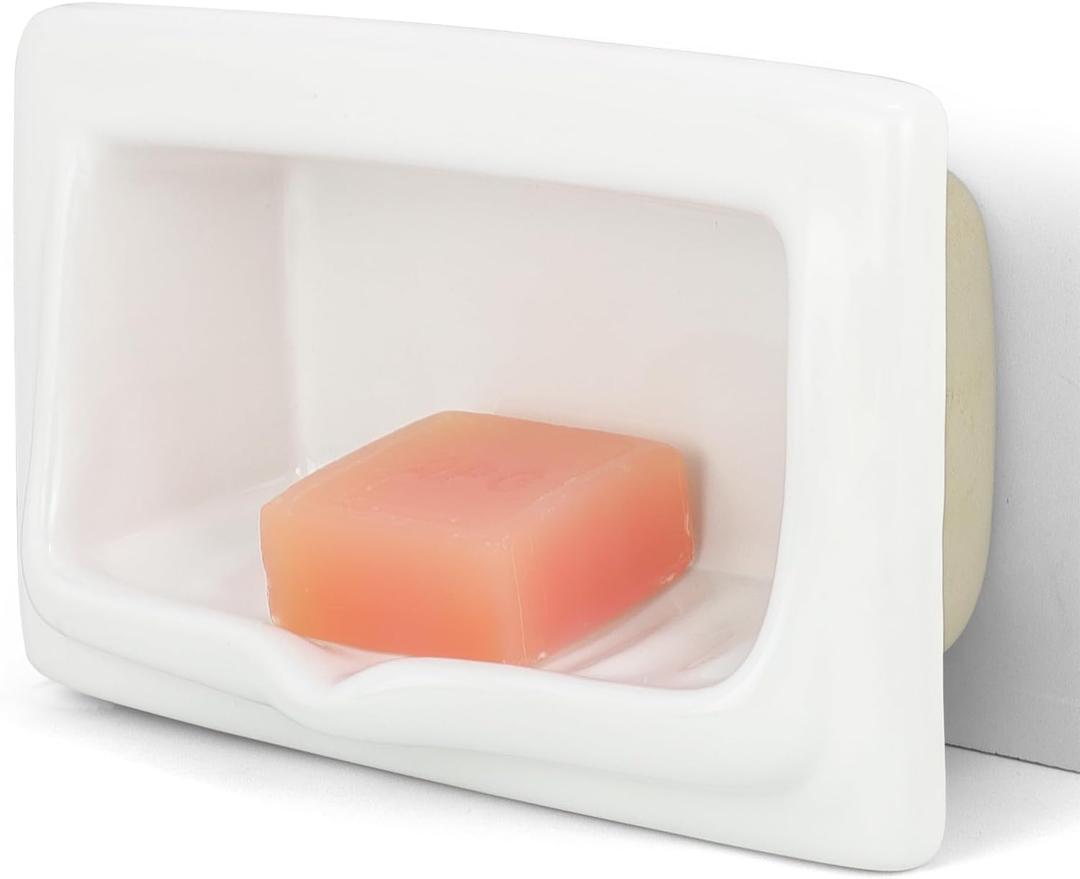 Classic Recessed Ceramic Soap Dish for Shower Wall, Heavy-Duty, Space-Saving, Self-Draining Built-in Soap Holder for Bathroom & Laundry, Perfect for Replacing Old Soap Dishes or New Installations