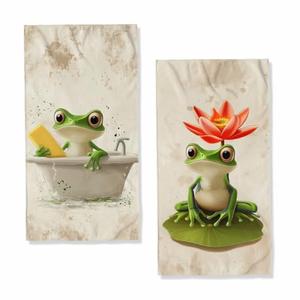 JLSTK Cute Frog Hand Towels, 2-Piece Set, 28"L x 14"W, Polyester, Cute Frog Pattern, Absorbent, Soft, Casual, Ideal for Bathroom, Kitchen, Home, Spa, Gym, Travel, Cute Frog