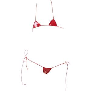 JasmyGirls Leather Micro Bikini Extreme Anime Lingerie Sexy Cosplay Outfit Japanese Bra Panty Set Two Piece Thong Swimsuit (X-Small - X-Large, Red)
