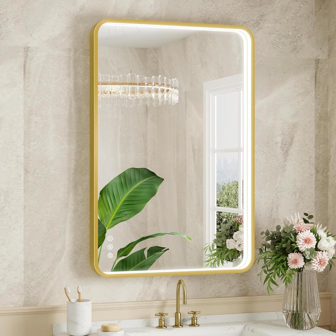 LED Bathroom Mirror with Lights, 24x36 Inch Gold Metal Framed LED Mirror for Bathroom, 3 Colors and Stepless Dimmable Wall Mounted Lighted Bathroom Vanity Mirror, Anti-Fog, Memory