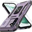 DEERLAMN Case for Samsung Galaxy S23 FE 6.4-Inch with Slide Camera Cover+Screen Protector(1 Pack),Rotated Ring Kickstand Military Grade Shockproof Protective Cover-Deep Purple