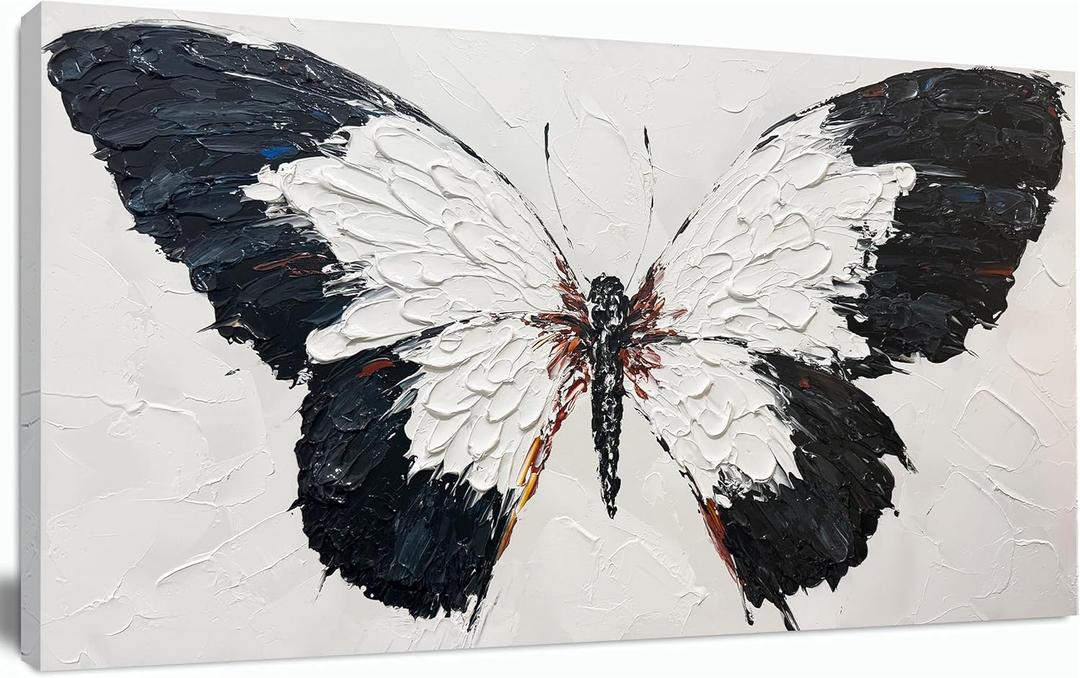 Tarfupth Black and White Butterfly Wall Art for Living Room Hand Painted Butterfly Oil Painting Texture Pictures Large Artwork for Bedroom Office Kitchen Room Aesthetic Decoration 20"x40"