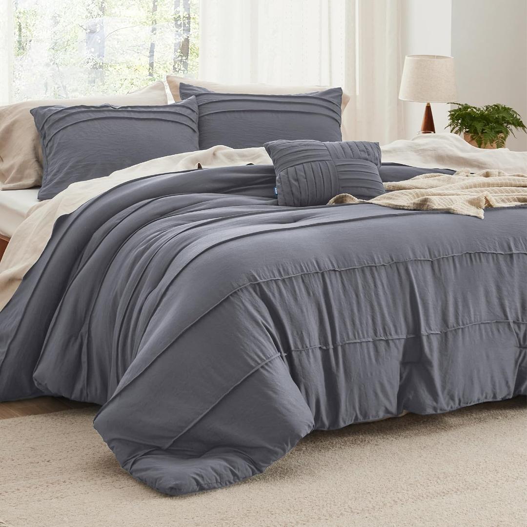 Bedsure Queen Comforter Set - 4 Pieces Pinch Pleat Bed Set, Dark Grey Boho Bedding for All Season, 1 Soft Comforter, 2 Pillowcases, 1 Decorative Pillow (13 - Dark Grey)