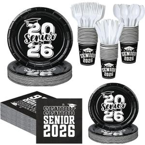 Yungyan 252 Pcs Senior 2026 Graduation Party Tableware Set Black and White Class of 2026 Grad Paper Plates Napkins Cups Forks Knives Cutlery for Graduate Party Decorations Supplies,Serve 36