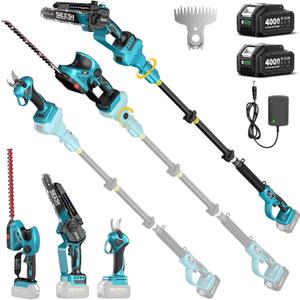 SEESII 8-in-1 Cordless Pole Chainsaw, Hedge Trimmer, Pruning Shears Combo
2×4000mAh Batteries, Extendable Garden Tool Kit for Outdoor Use, 15ft Long Reach Saw, Hedge and Grass Trimmer for Yard Care
