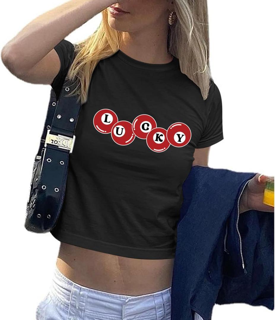 Graphic Baby Tees for Women Y2k 8-Ball Shirt Cute Crop Tops for Teen Girls Aesthetic Emo Clothes 2000s Grunge Shirts (Black, M)