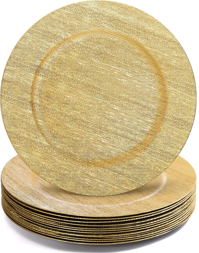 Jucoan 12 Pack Gold Charger Plates for Dinner Plates, 13 Inch Round Plastic Shiny Texture Strip Charger Plates for Wedding Thanksgiving Christmas Party Event Catering Hotel Tabletop Setting Decor