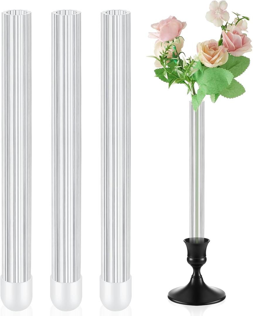 2 x 3 Pcs 7.9" Bud Vase Taper Candle Holder's Acrylic Striped Bud Vase with Silicon Rubber Case Designed Specially for Taper Candle Sizes from 22mm to 27mm for Wedding Tablescapes Decoration