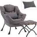 Lazy Chair with Ottoman, Modern Accent Chair with Lumbar Pillow, Dark Grey Sofa, Armchairs with Folding Footrest, Oversized Supportive Chairs for Bedroom, Reading