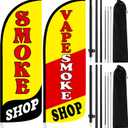 2 Set Smoke Shop Feather Flag Pole Kit 7ft Smoke Shop Sign Banner Knitted Windless Advertising Feather Banner Sign for Outside Outdoor Business Decoration, Large Signage