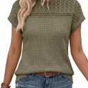Dokotoo Women's Tops Casual Scoop Neck Short Sleeve Waffle Knit Hollow Out Shirts Loose Tunic Tops Blouses (Green, S)