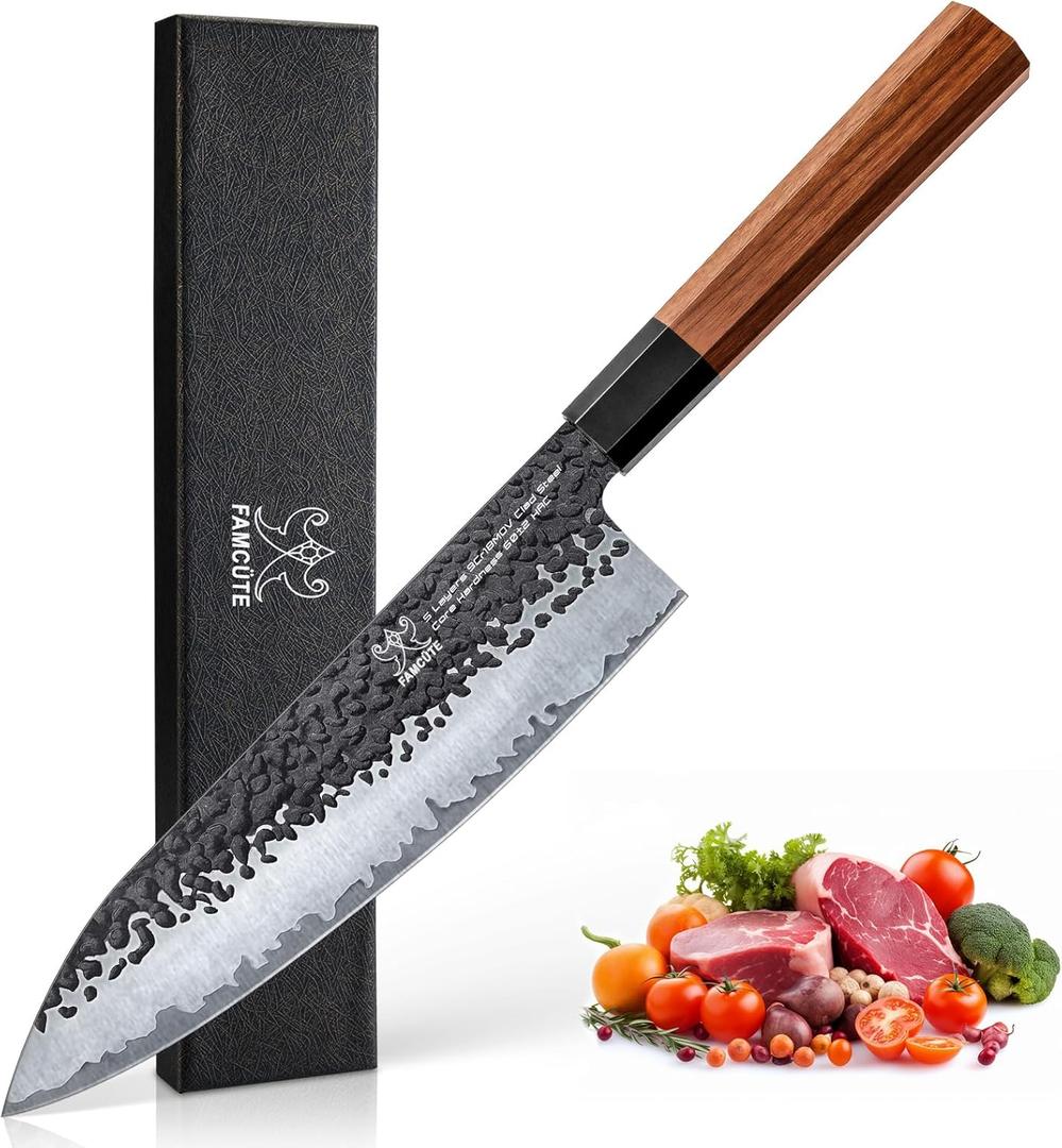 8 Inch Japanese Knife, Hand Forged 5 Layers High Carbon 9CR18MOV Steel Rosewood Handle Chef Knife, Ultra Sharp Durable Professional Kitchen Knife, A Thoughtful Birthday Gifts for Mom/Dad