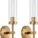Hardwired Gold Wall Sconces Set of 2, Modern Bathroom Sconces Wall Lighting Vanity Light Fixtures with Clear Glass, Brushed Brass Wall Decor Lights for Mirror Living Room Bedroom Hallway Stairwell