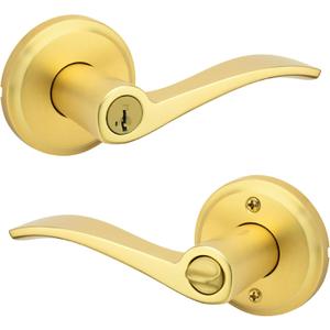 Kwikset Sedona Entry Door Handle with Lock and Key, Secure Keyed Reversible Lever Exterior, for Front Entrance and Bedrooms, Satin Brass, Pick Resistant Smartkey Rekey Security and Microban