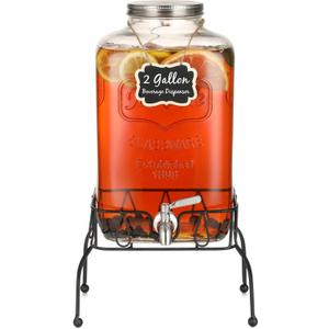 2 Gallon Glass Drink Dispenser with Stand, Stainless Steel Leakproof Spigot and Lid, Glass Drink Dispensers for Parties, Water Beverage Dispenser