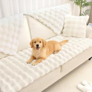 Pet Couch Cover Sofa Washable - Dog Couch Protector Covers Non-Slip Soft Fuzzy Plush Sofa Slipcovers, Pet Friendly Dog Mat for Furniture Couches, Car, Recliner, White, 27.6"x27.6"