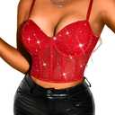 Kaei&Shi Sequin Rhinestone Corset Top,Sparkly Busiter Top for Women Going Out (X-Small, Red)