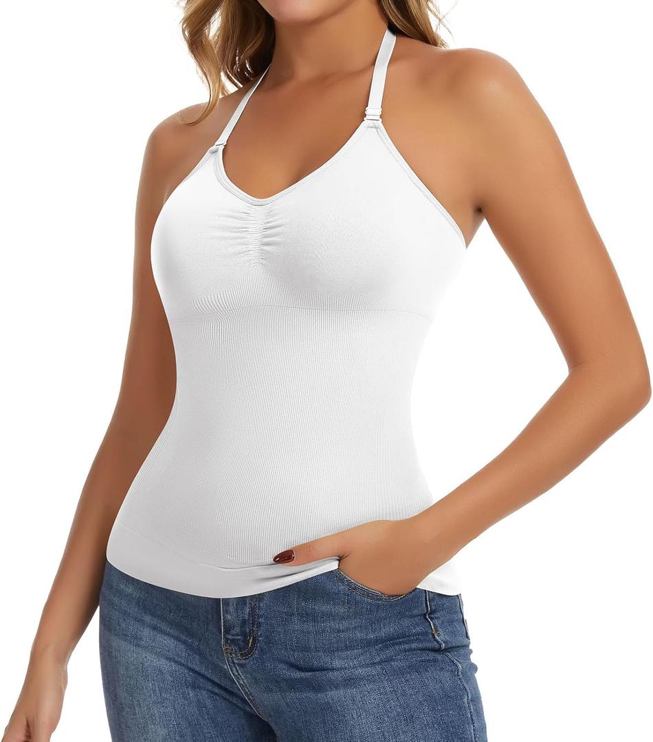 JOYSHAPER Shapewear with Built In Bra Halter Bra Tank Tops V Neck Halter Top Camisoles Adjustable Body Shaper (Medium, #6 White)