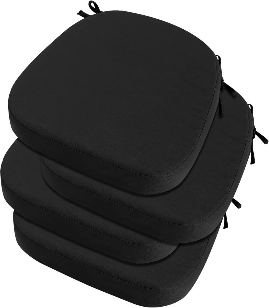 idee-home Outdoor Chair Cushions Set of 4, 19" x 19" x 3" Thick Patio Furniture Outdoor Seat Cushions Waterproof with Ties, Dining Pads (Black)