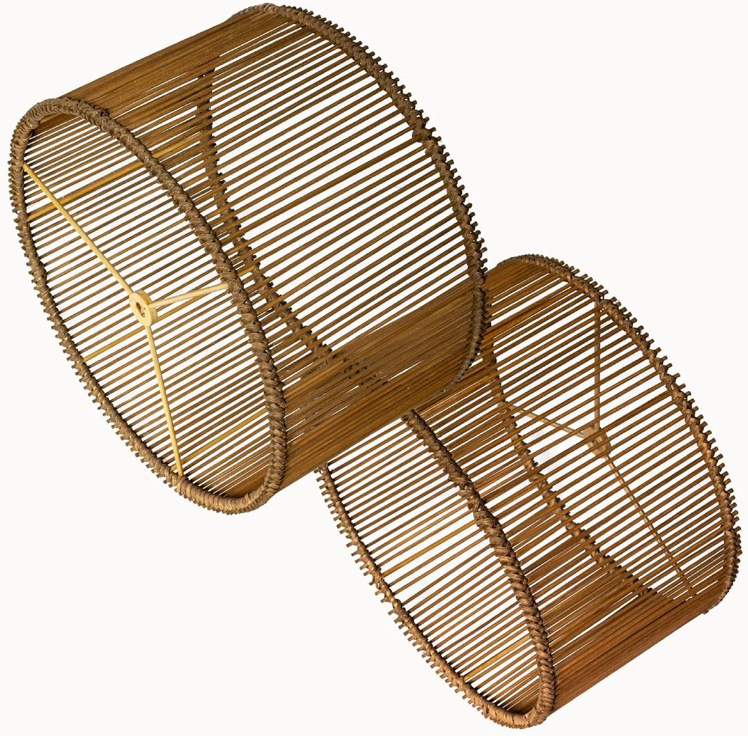 Boho Rattan Drum Lamp Shades Set of 2, Woven Bamboo Table and Bedside Lamp Shades(Spider Fitter), Easy Assembly (Brown)
