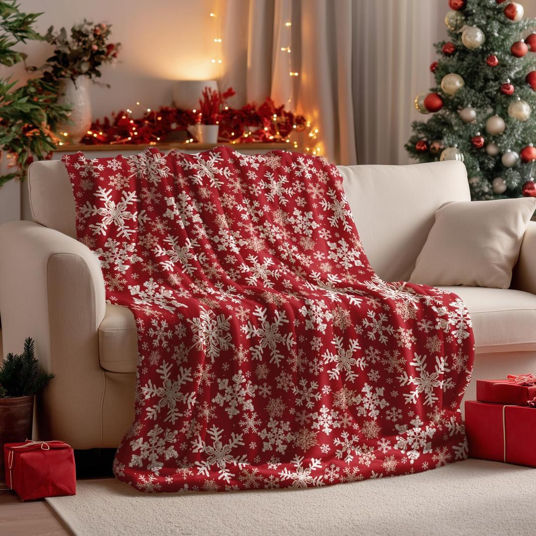 Horaldaily Christmas Flannel Blanket Throw, Red Snowflake Soft Fuzzy Plush Cozy Fleece Blankets for Couch Sofa Bed Lounging, Ideal Gifts for Kids Adults Wife Self, 50x60