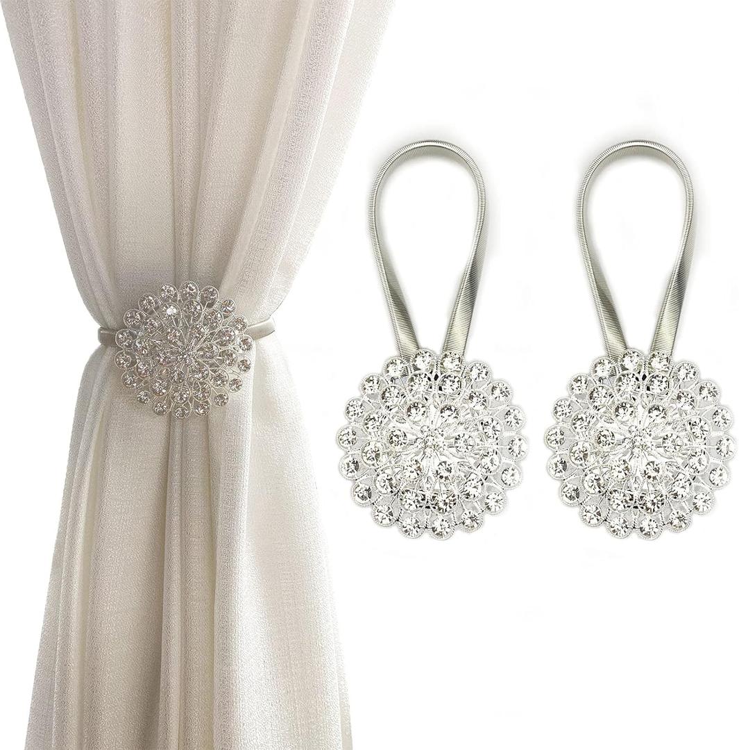 Magnetic Tiebacks for Curtains, 2 Pack Sparkling Crystal Flower Curtain Tiebacks Curtain Buckle Clips with High-Elastic Spring Wire for Home Office Decoration (White)