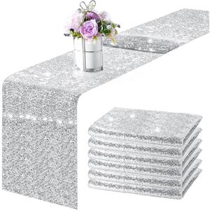 Tegeme 6 Pieces 12 x 108 Inches Sequin Table Runners Glitter Sequin Runner Rectangular Table Runner Cloth for Christmas New Year Birthday Wedding Holiday Party Decorations(Silver)
