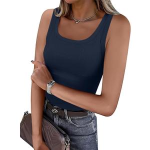 OwnTime Womens Tank Tops with Built in Bras Summer Square Neck Sleeveless Shirts Ribbed Fitted Basic Casual Tops (Blue, L)