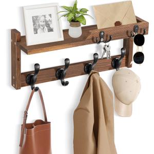 Coat Rack Wall Mount with Shelf, Coat Hanger Wall Mount with Key Hooks and Mail Holder, Wood Entryway Floating Shelf with Hooks and Storage, Hat Rack for Wall Key Holder Mail Organizer (16.6 Inch Long, Brown)
