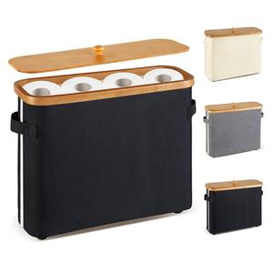 Bathroom Toilet Paper Storage Basket with Lid and Handle， Bamboo Collapsible Toilet Paper Holder Storage with Non-Slip Bottom ,Extra Toilet Roll Storage, Black