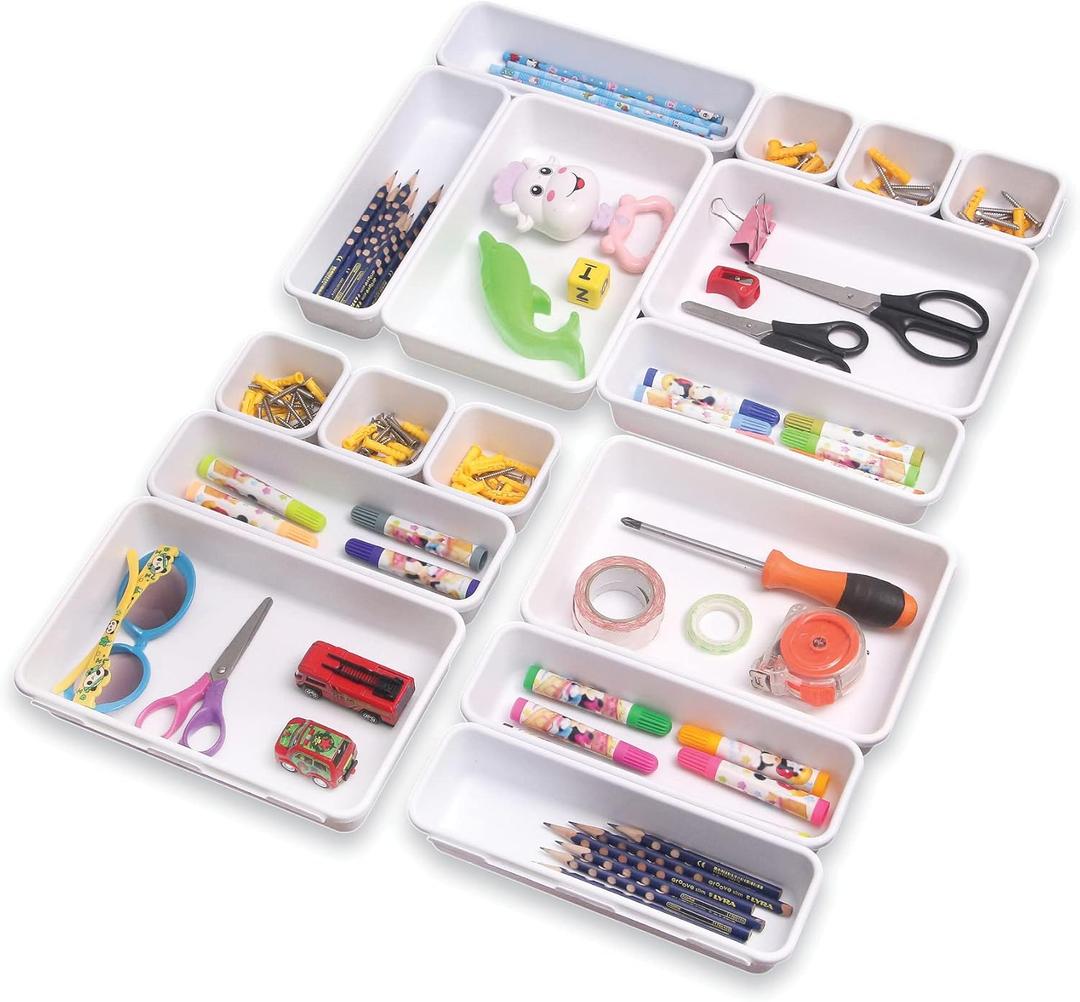 Set of 16 Interlocking Desk Drawer Organizer Tray Dividers Plastic Shallow Narrow Drawers Organizers Separators Storage Bins Container for Kitchen Bathroom Makeup Office Vanity Bedroom Dresser White
