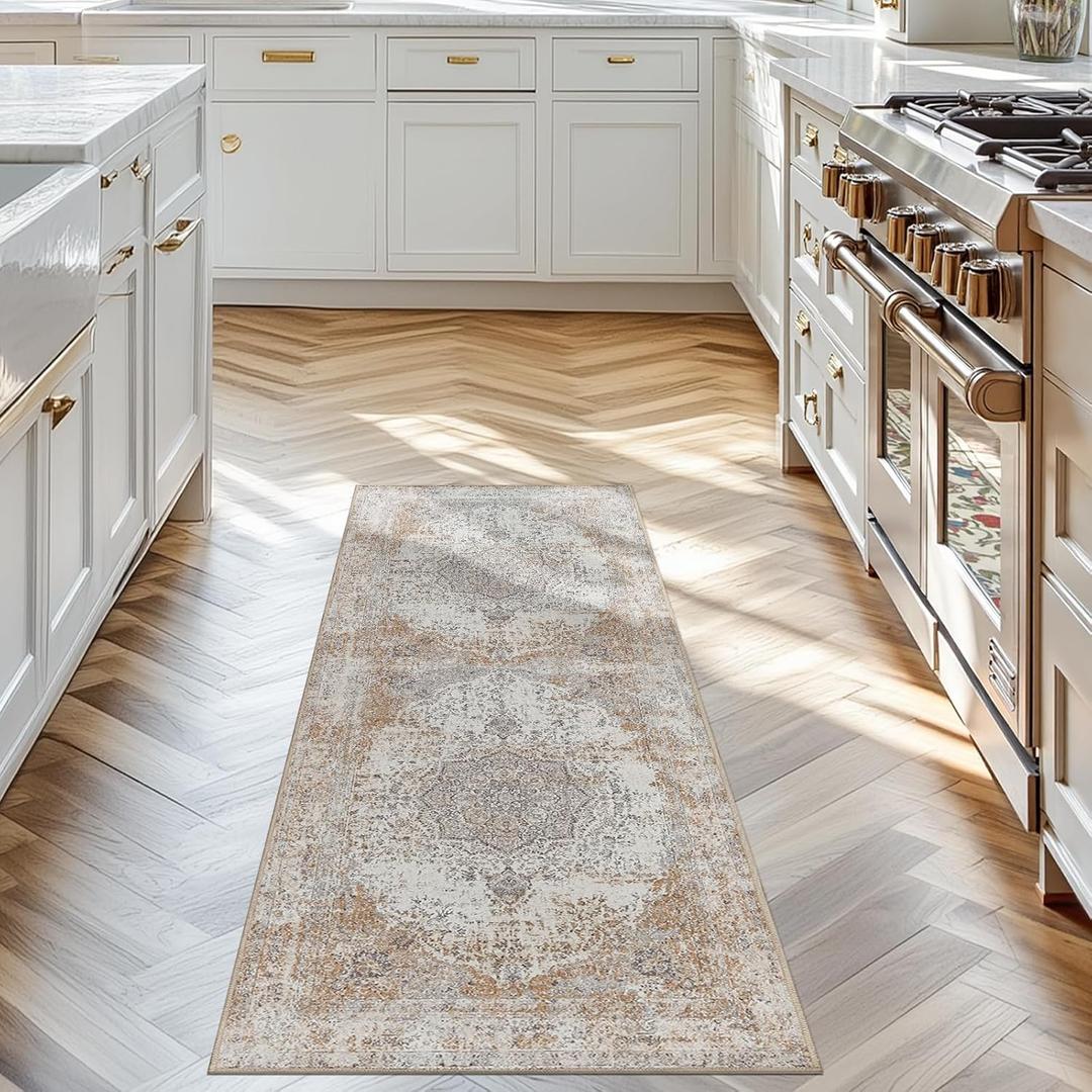 jinchan Runner Rug 2x5 Washable Hallway Rug Vintage Distressed Runner Indoor Thin Traditional Floral Mat Lightweight Non Slip Carpet for Kitchen Bathroom Laundry Room Bedroom Living Room Taupe