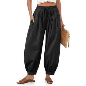 Cicy Bell Womens Baggy Pleated Harem Pants Summer Elastic High Waisted Wide Leg Balloon Cotton Lounge Pants (Medium, Black)