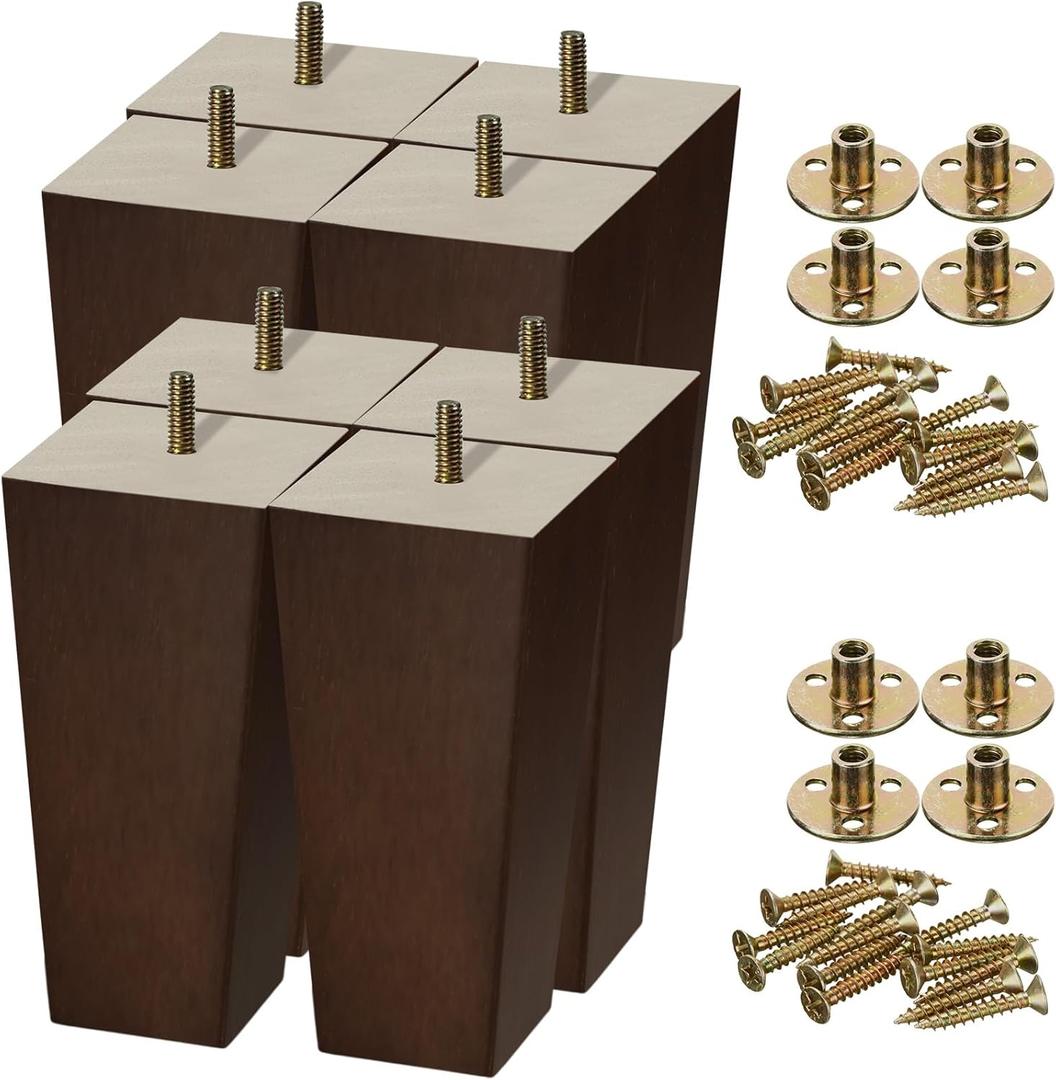 Hoteam Set of 8 Wood Furniture Legs 6 Inch Square Furniture Couch Sofa Dresser Legs Mid-Century Chair Feet Sofa Replacement Parts for Sideboard Recliner Coffee Table DIY Projects Living Room (Brown)